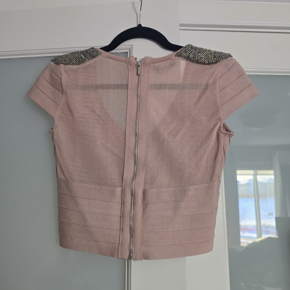 bebe Blush Pink Beaded-Shoulder Crop Top - Picture 2 of 3